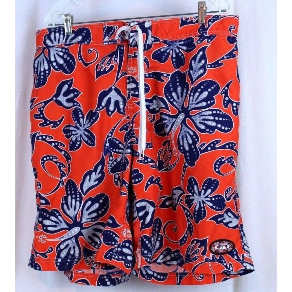 Good Vibes Size 38 Hawaiian Floral Print Orange Blue  Board Shorts Swim Trunks